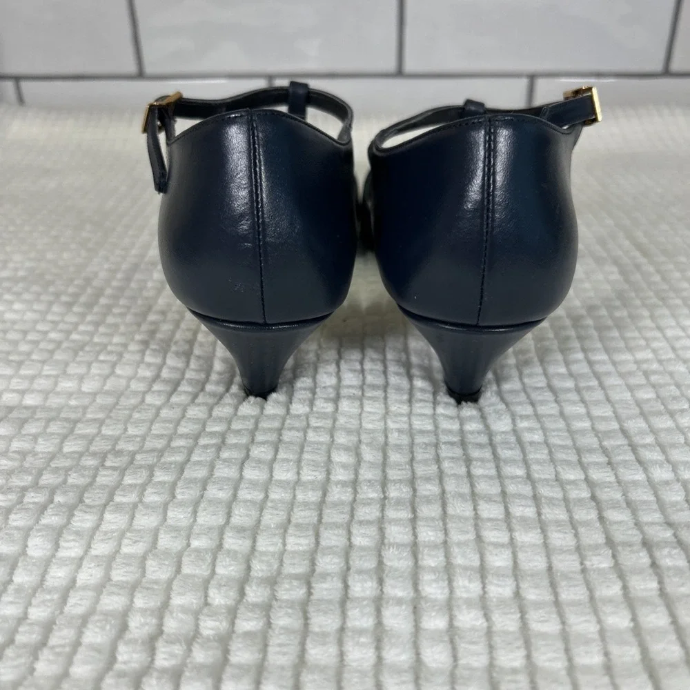 Vtg Daisy Women's 7.5 Navy Blue Pumps T-Strap Kitten Heels Strappy Made in USA